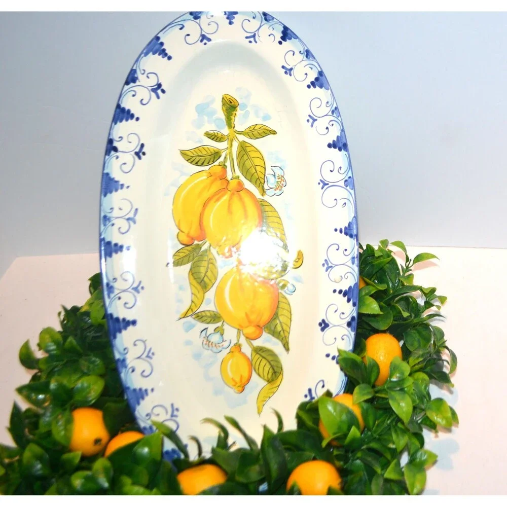 Vintage Lemons & Royal Hand Painted Italian Dipinto A Mano Wall or Tabletop